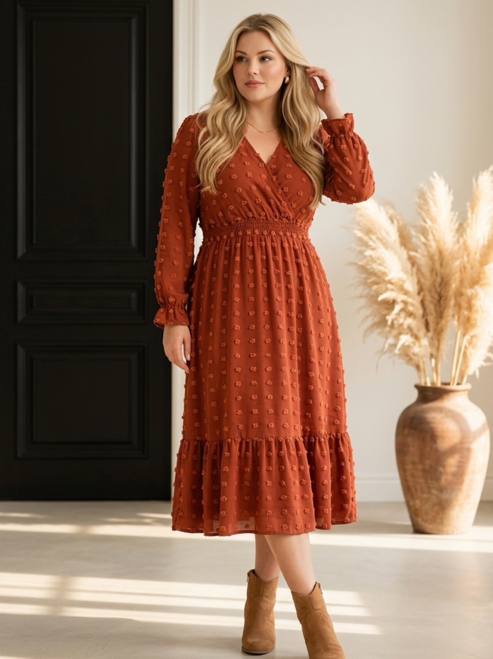 Rust Textured Midi Dress with Smocked Waist